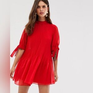 ASOS Vibrant Red Crewneck Pleated Trapeze Flowy Mini Dress with Slip - M/L - 8